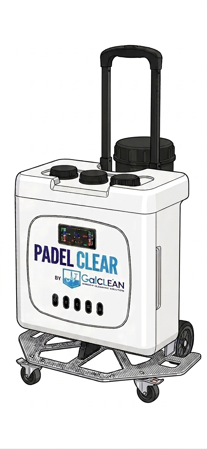 PadelClear Center model — mobile water-fed cleaning system